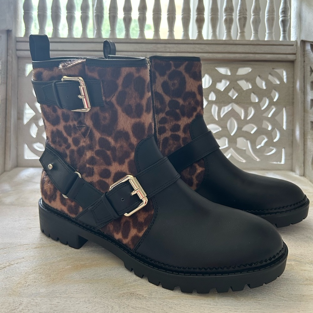 NEW Nine West Arria Leopard Animal and Black Combat Boots Moto Gold Buckles 9